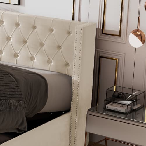 Upholstered King Size Ottoman Bed in Beige Velvet - image 2
