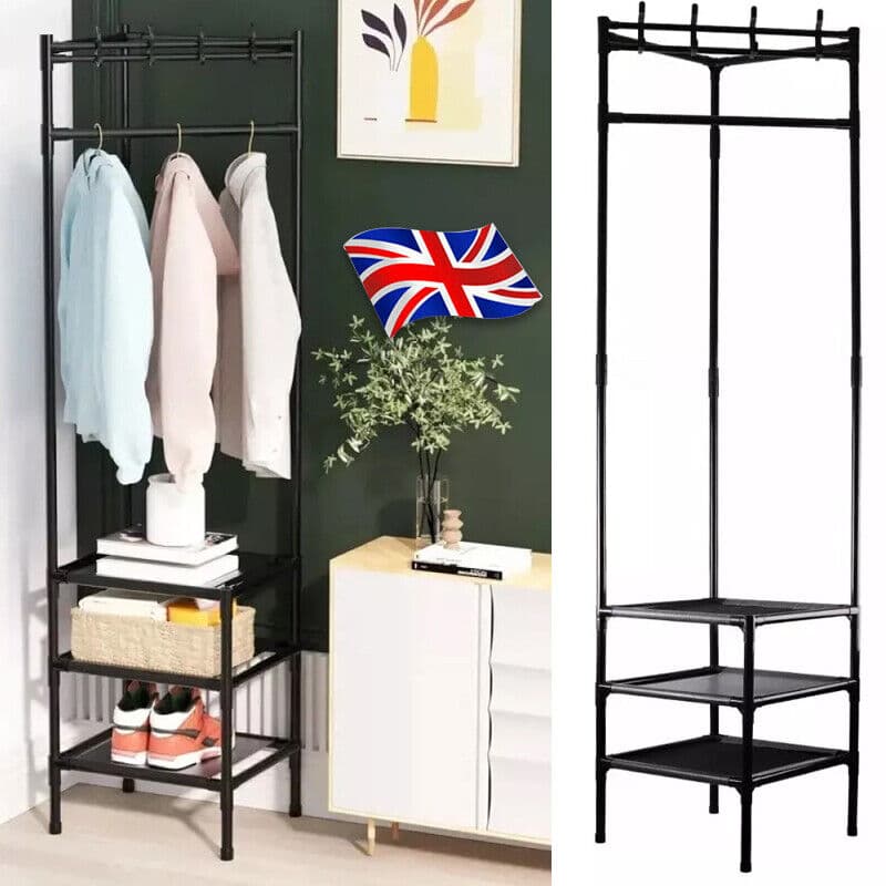 Corner Hall Tree with 3 Storage Shelves — 180cm Metal Coat Rack - image 14
