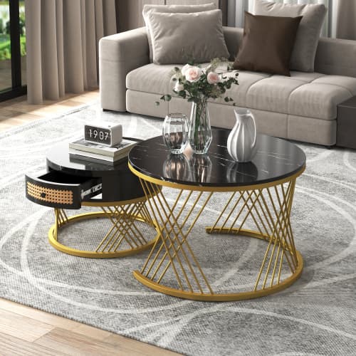 Set of 2 Round Nesting Coffee Tables with Gold Legs & Storage - image 18