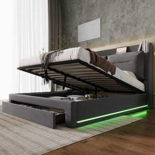 Velvet Upholstered Double Ottoman Bed with Smart Storage & LED - image 11
