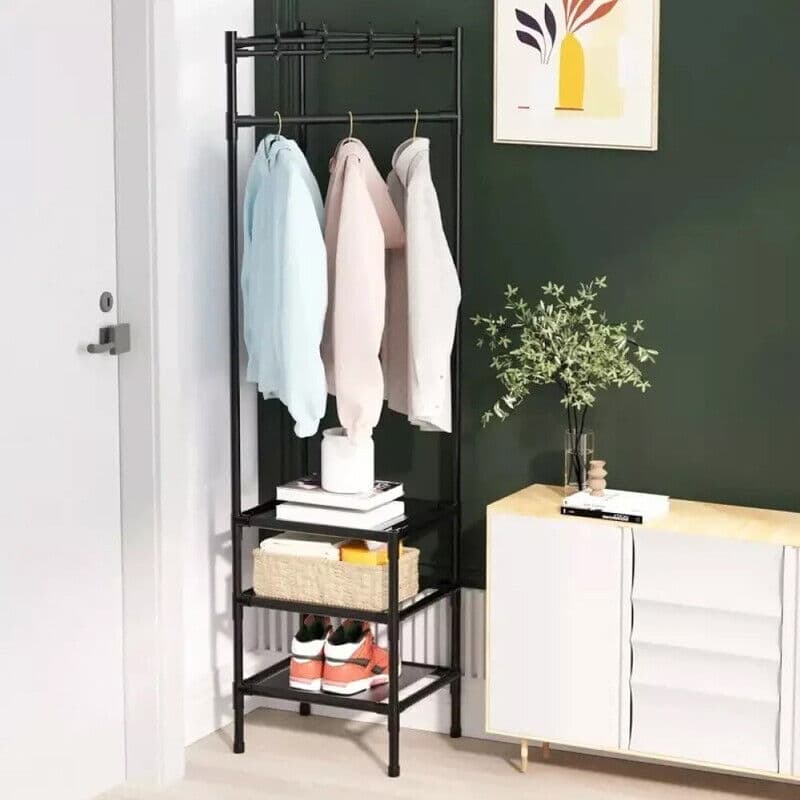 Corner Hall Tree with 3 Storage Shelves — 180cm Metal Coat Rack - image 11