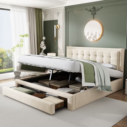Elegant Cream Velvet Double Bed with Smart Under-Bed Storage - image 11