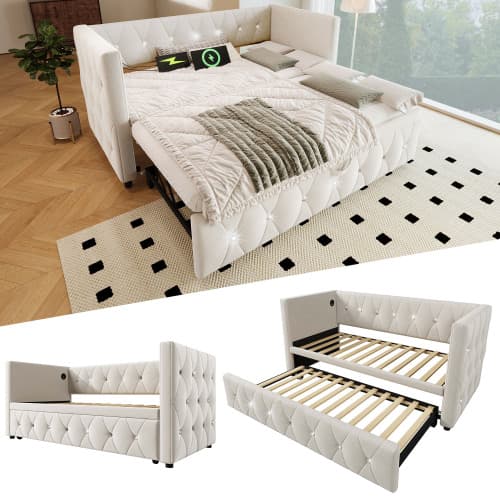Upholstered Single Day Bed with Pull-Out Trundle and USB Charging - Beige