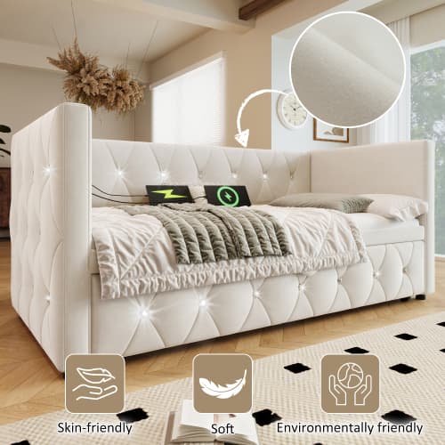 Upholstered Single Day Bed with Pull-Out Trundle and USB Charging - image 19