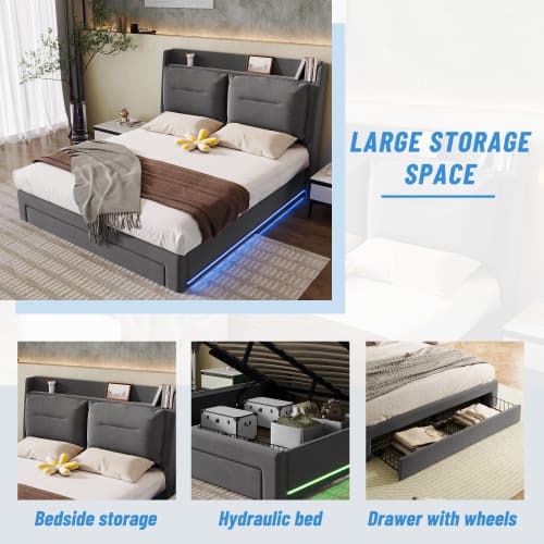 Velvet Upholstered Double Ottoman Bed with Smart Storage & LED - image 14