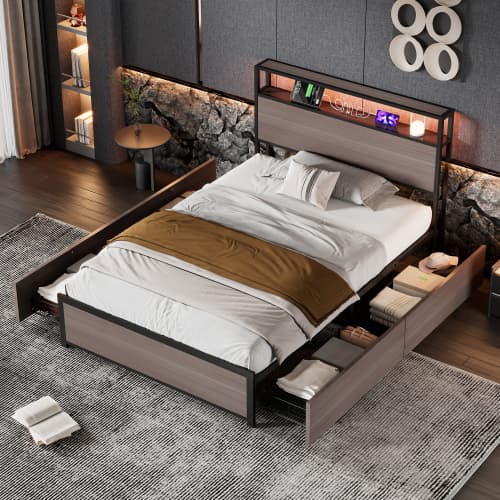 Modern Single Metal Bed with Storage, LED Lights & USB Charging Ports - Gray