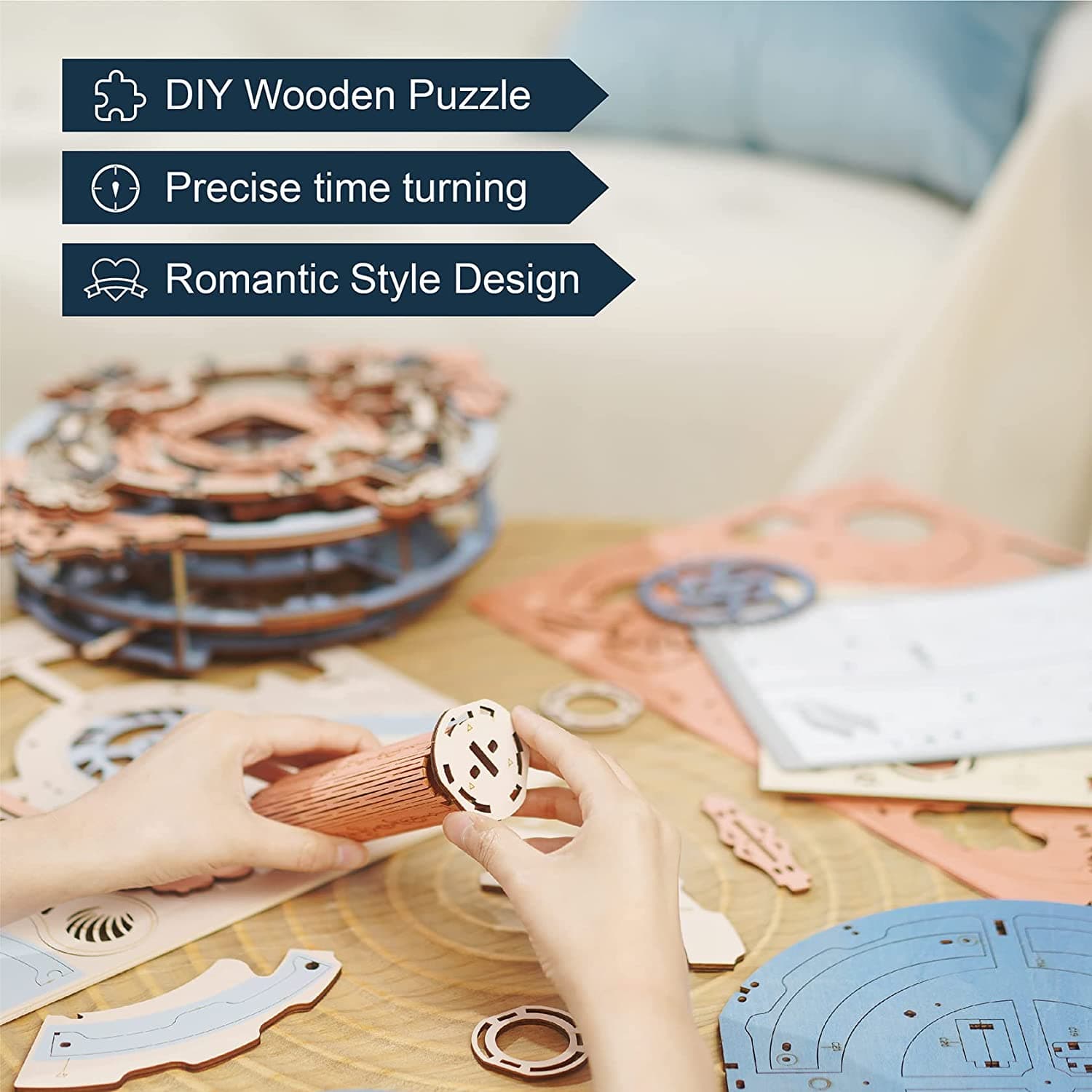 3D Wooden Puzzle: Functional "Romantic Notes" Wall Clock Kit - image 4