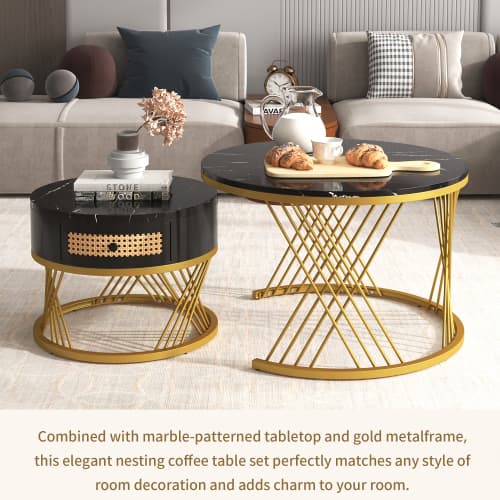 Set of 2 Round Nesting Coffee Tables with Gold Legs & Storage - image 32
