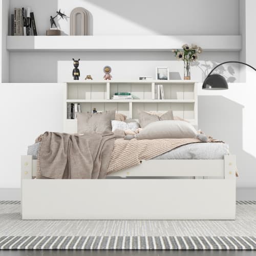 White Wooden Single Bed Frame with Storage Drawer & Shelves - image 7