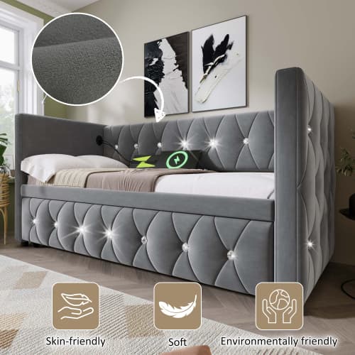 Upholstered Single Day Bed with Pull-Out Trundle and USB Charging - image 21