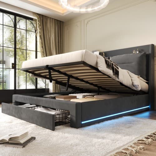 Velvet Upholstered Double Ottoman Bed with Smart Storage & LED - image 7