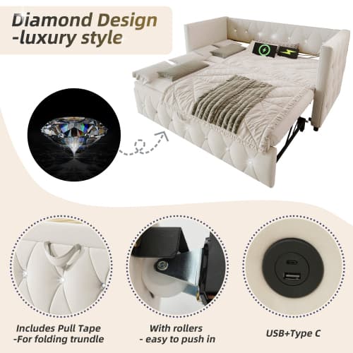 Upholstered Single Day Bed with Pull-Out Trundle and USB Charging - image 14
