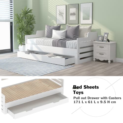 White Solid Wood Day Bed with Pull-Out Trundle and Storage Drawer - image 1