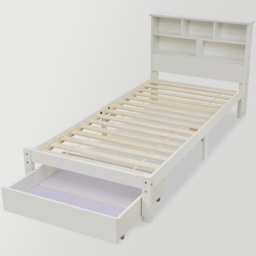 White Wooden Single Bed Frame with Storage Drawer & Shelves - image 8
