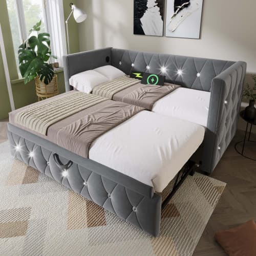 Upholstered Single Day Bed with Pull-Out Trundle and USB Charging - image 2