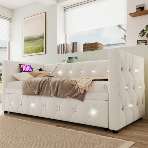 Upholstered Single Day Bed with Pull-Out Trundle and USB Charging - image 18