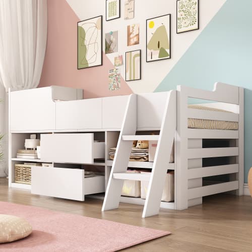 Children's White Mid Sleeper Bed with Drawers & Shelves - image 2