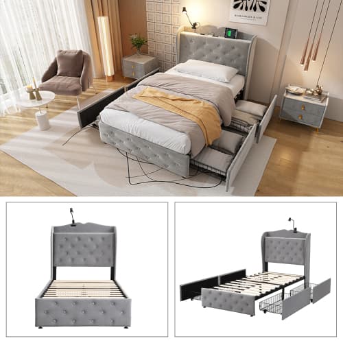 Grey Velvet Single Bed with Smart Storage & USB Charging - image 21