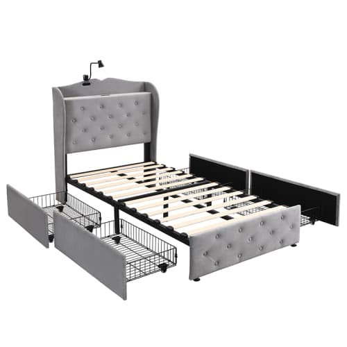 Grey Velvet Single Bed with Smart Storage & USB Charging - image 1