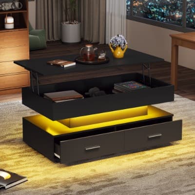 Modern Black Lift Top Coffee Table with LED Lighting & 2 Drawers - image 5