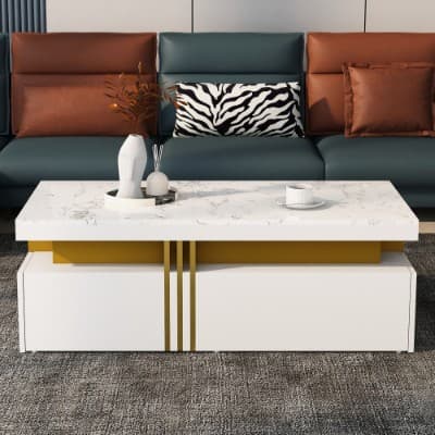 Modern White Coffee Table with Marble Effect Top and 2 Drawers - image 7