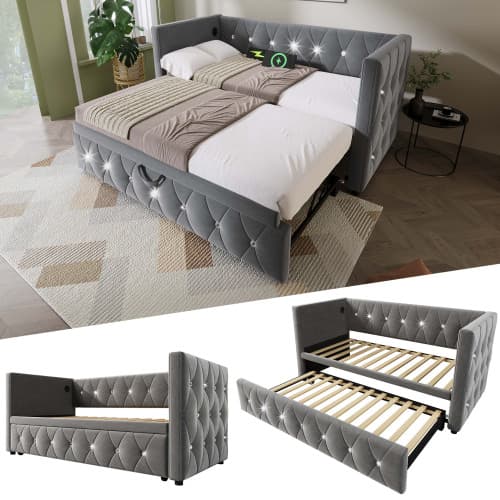 Upholstered Single Day Bed with Pull-Out Trundle and USB Charging - image 1