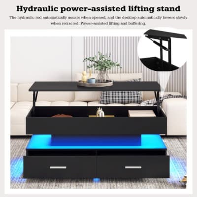 Modern Black Lift Top Coffee Table with LED Lighting & 2 Drawers - image 3