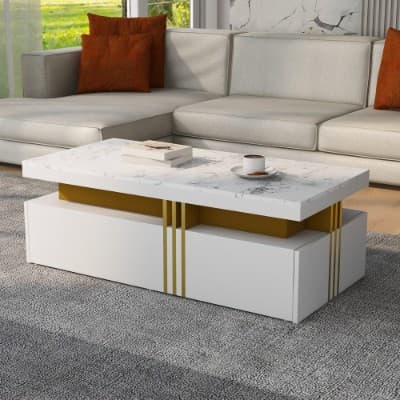 Modern White Coffee Table with Marble Effect Top and 2 Drawers - image 3