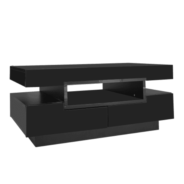 Modern Black Gloss Coffee Table with LED Lighting and Storage - Black