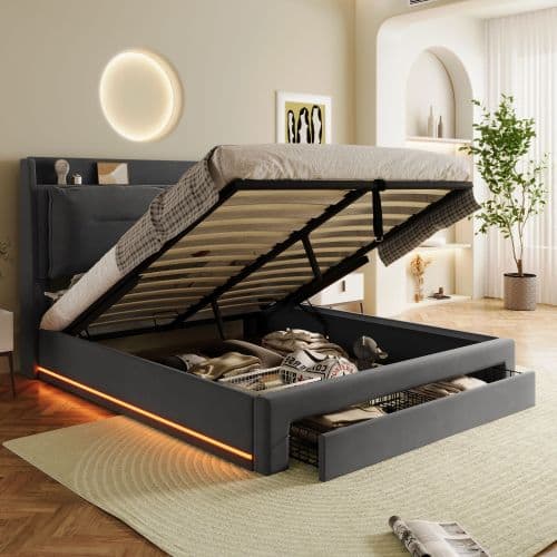 Velvet Upholstered Double Ottoman Bed with Smart Storage & LED - image 20