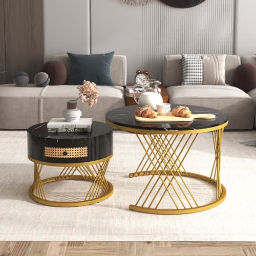 Set of 2 Round Nesting Coffee Tables with Gold Legs & Storage - image 24