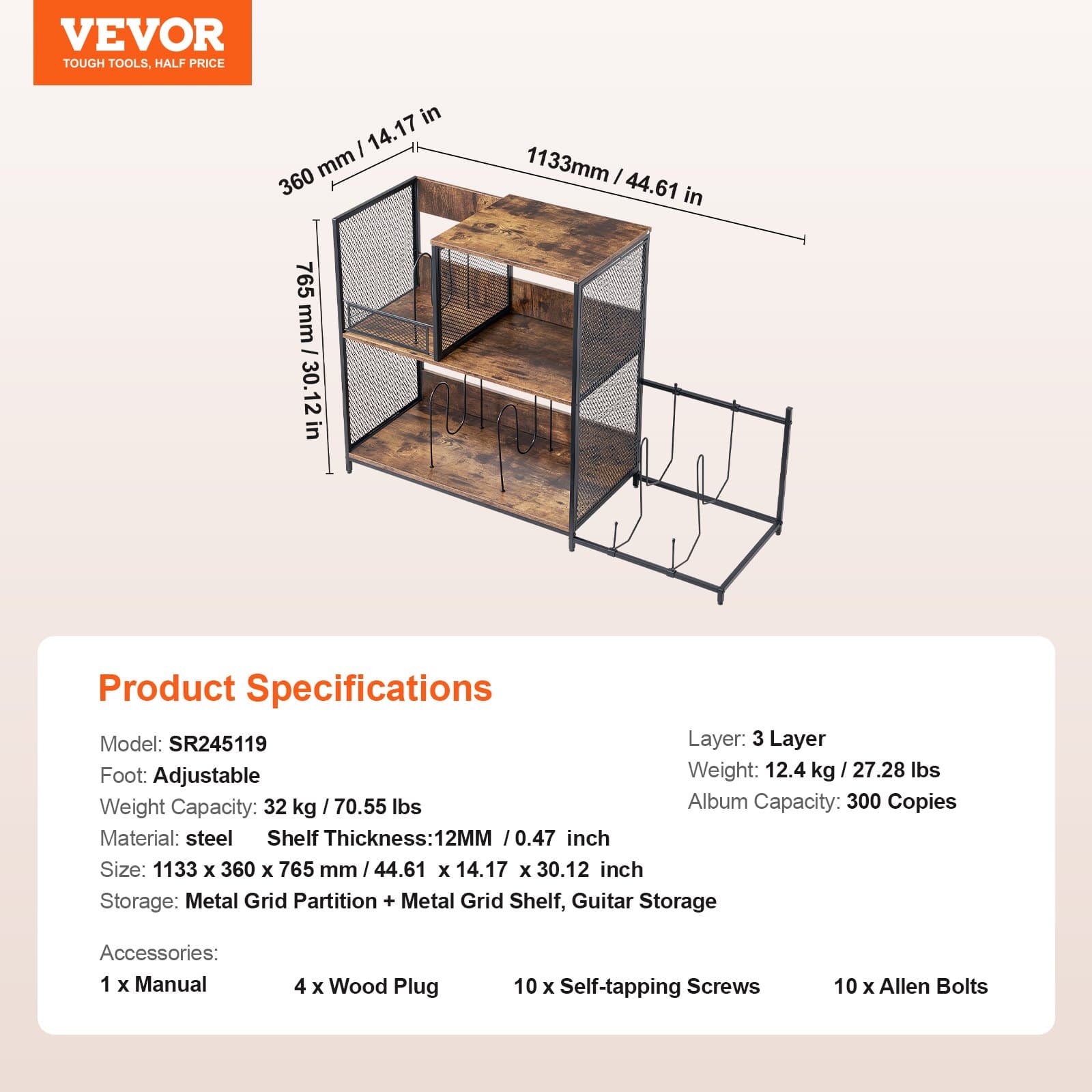 Record Player Stand for Turntables, Vinyl & 2 Guitars | Vintage Style - image 8