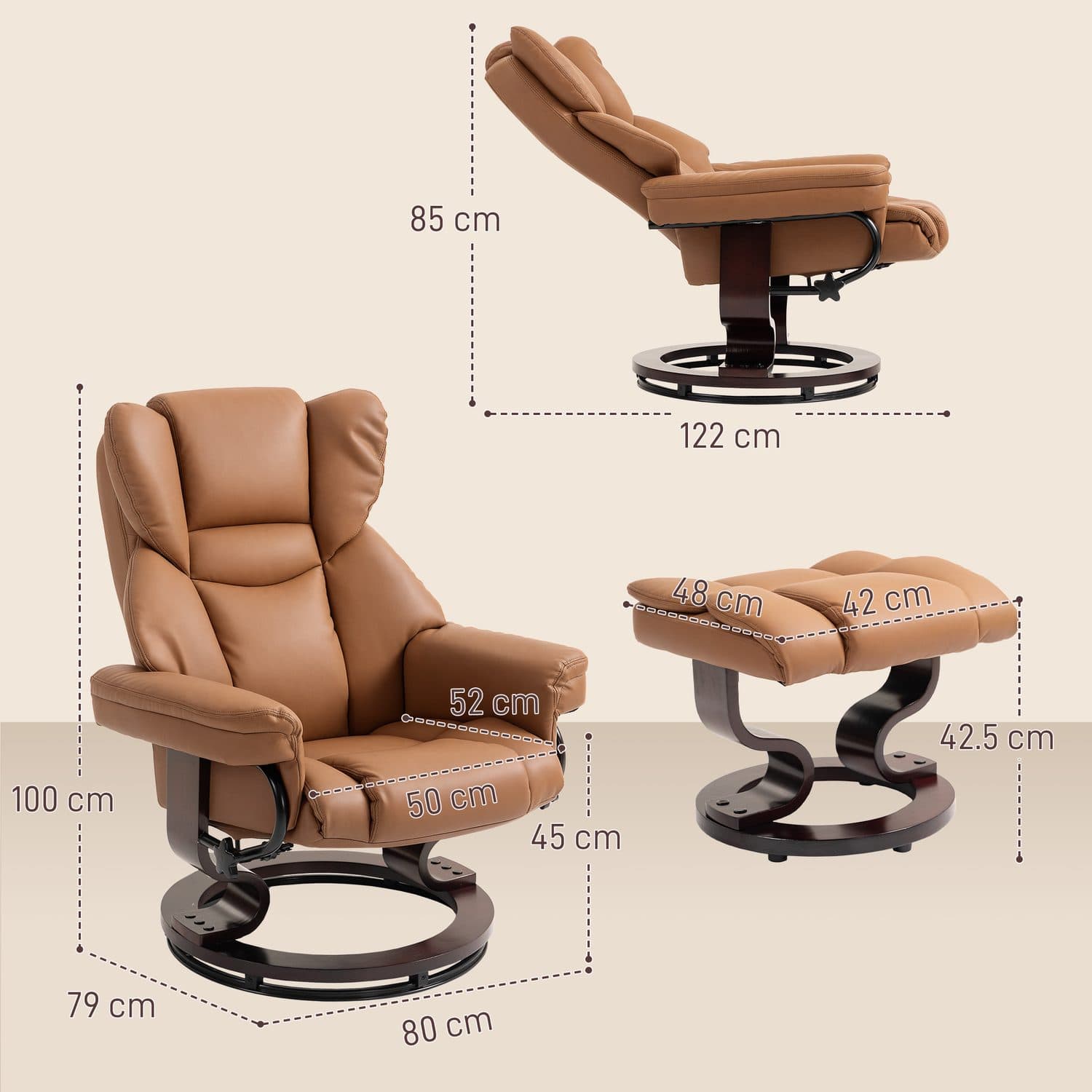 Reclining Armchair and Footstool in Tan Faux Leather - image 1