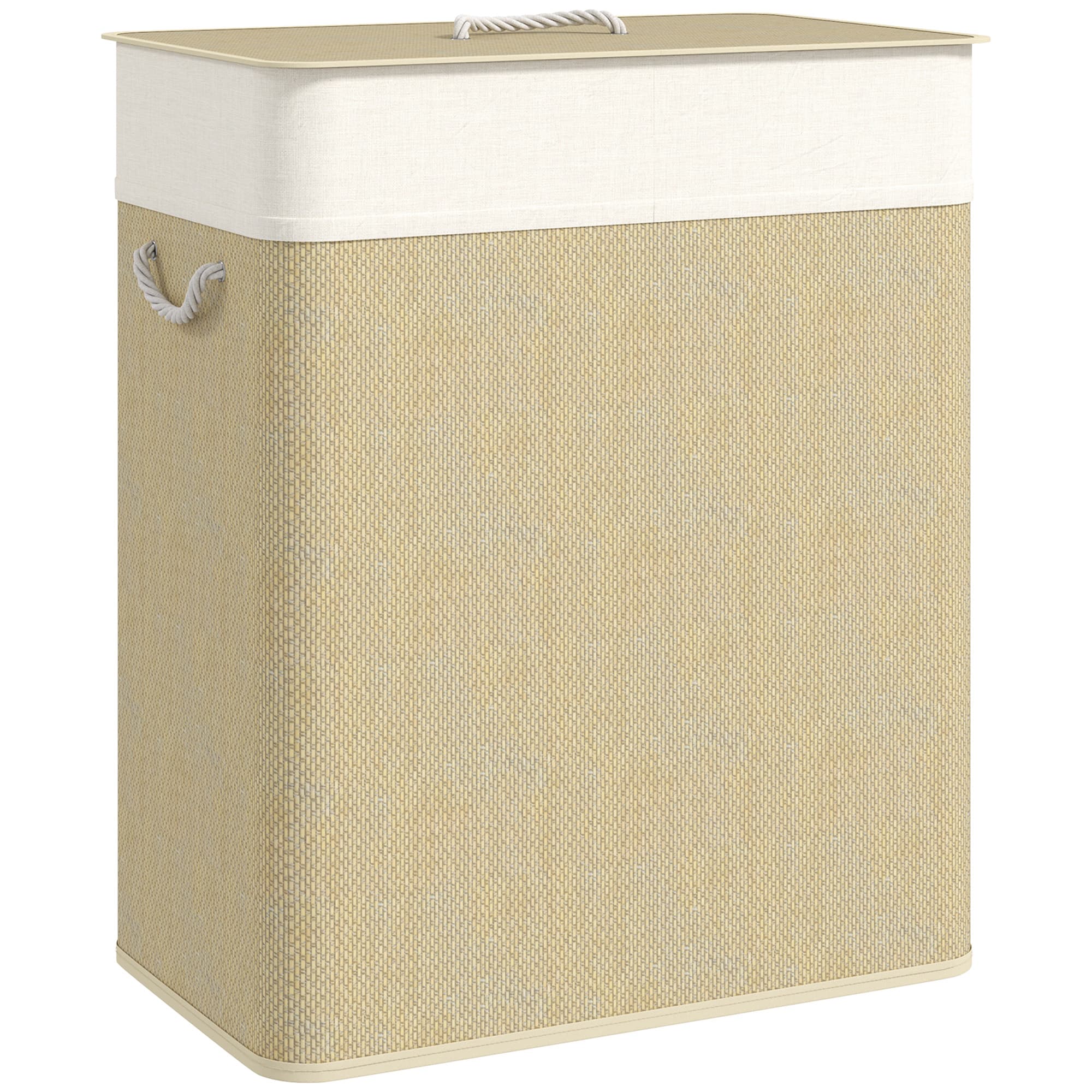Double Laundry Hamper with Lid, 100L and Rope Handles - Cream