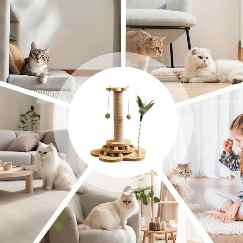 Solid Wood Cat Turntable with Scratching Post and Ball - image 2