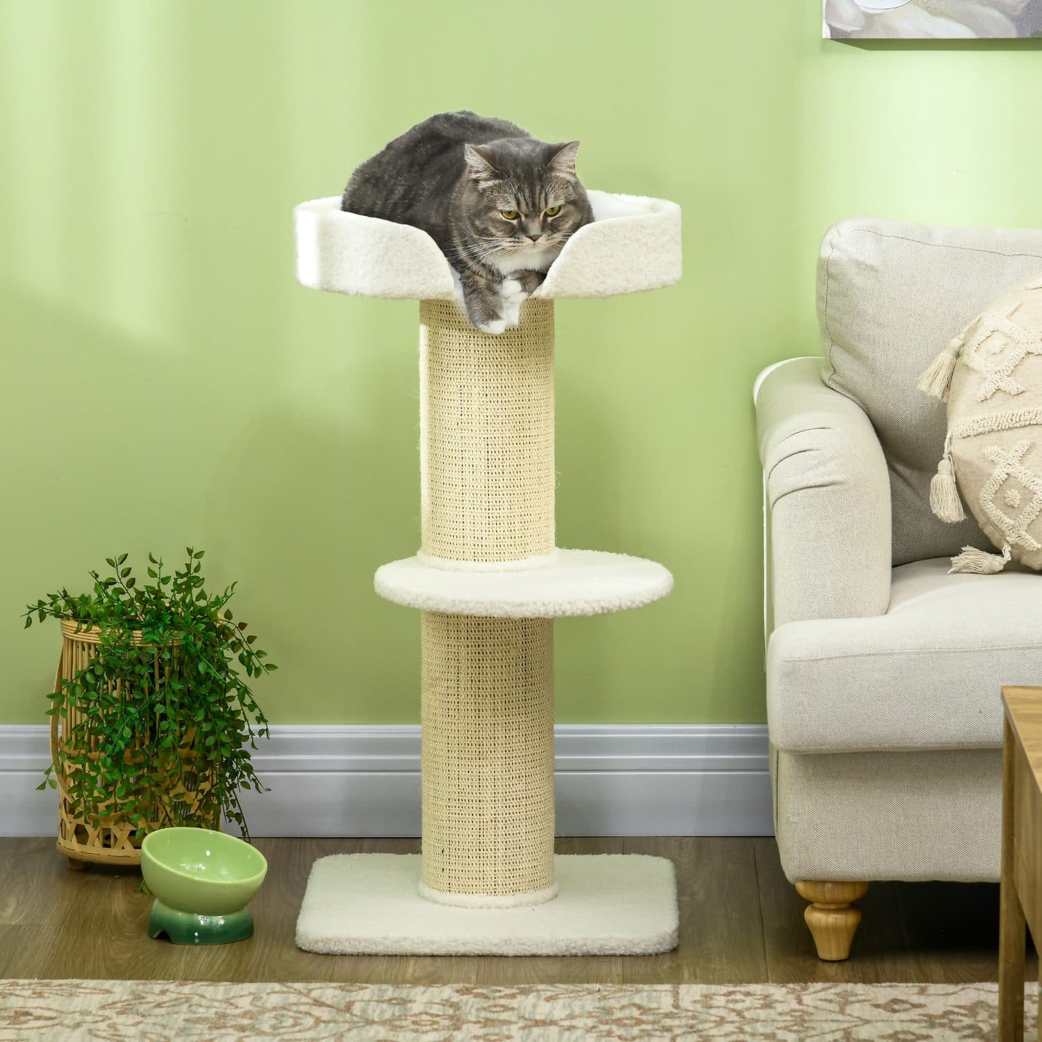 PawHut 2 Tier Sisal Cat Tree with Basket Cushion - image 1