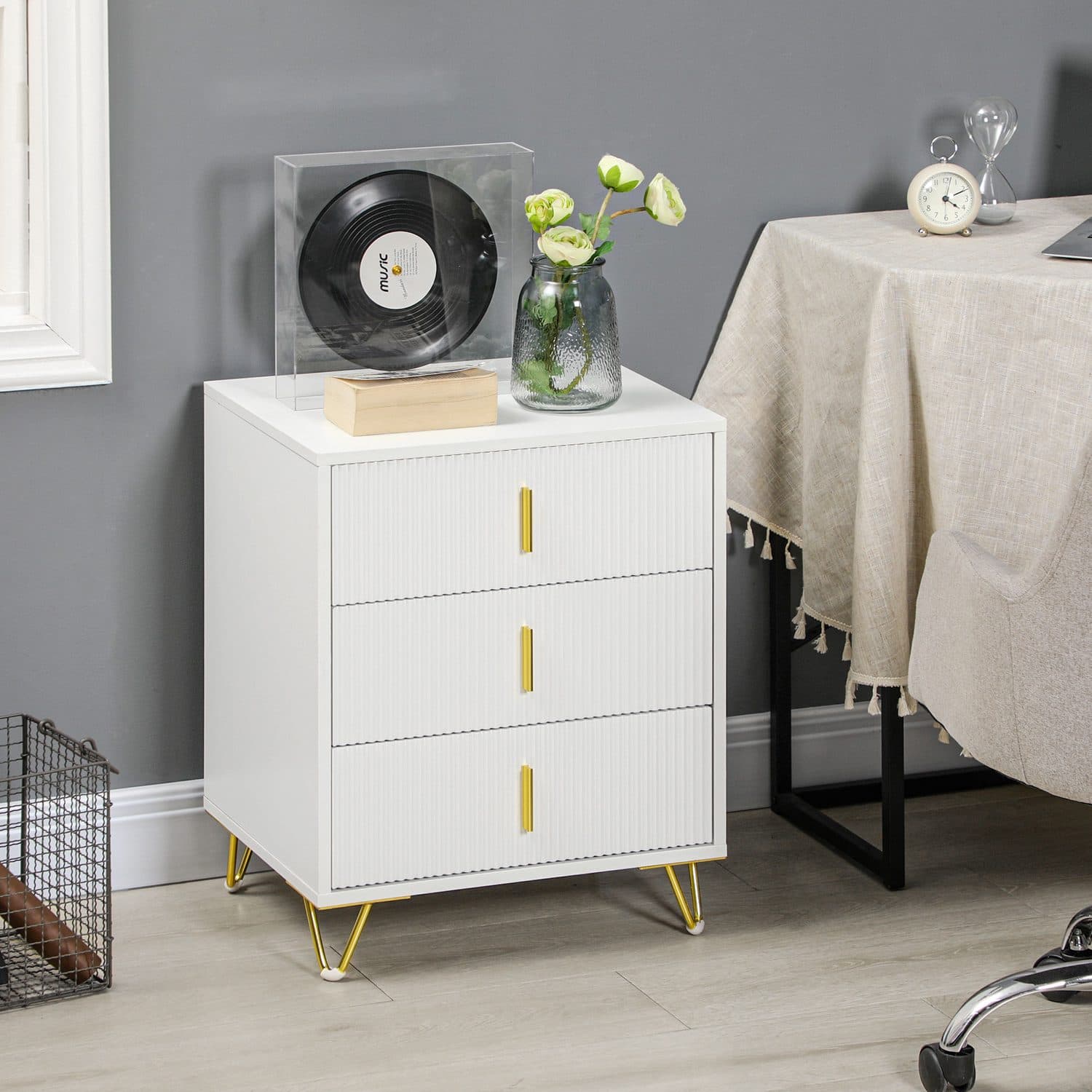 Three-Drawer Ribbed Chest with Gold Hairpin Legs - image 3