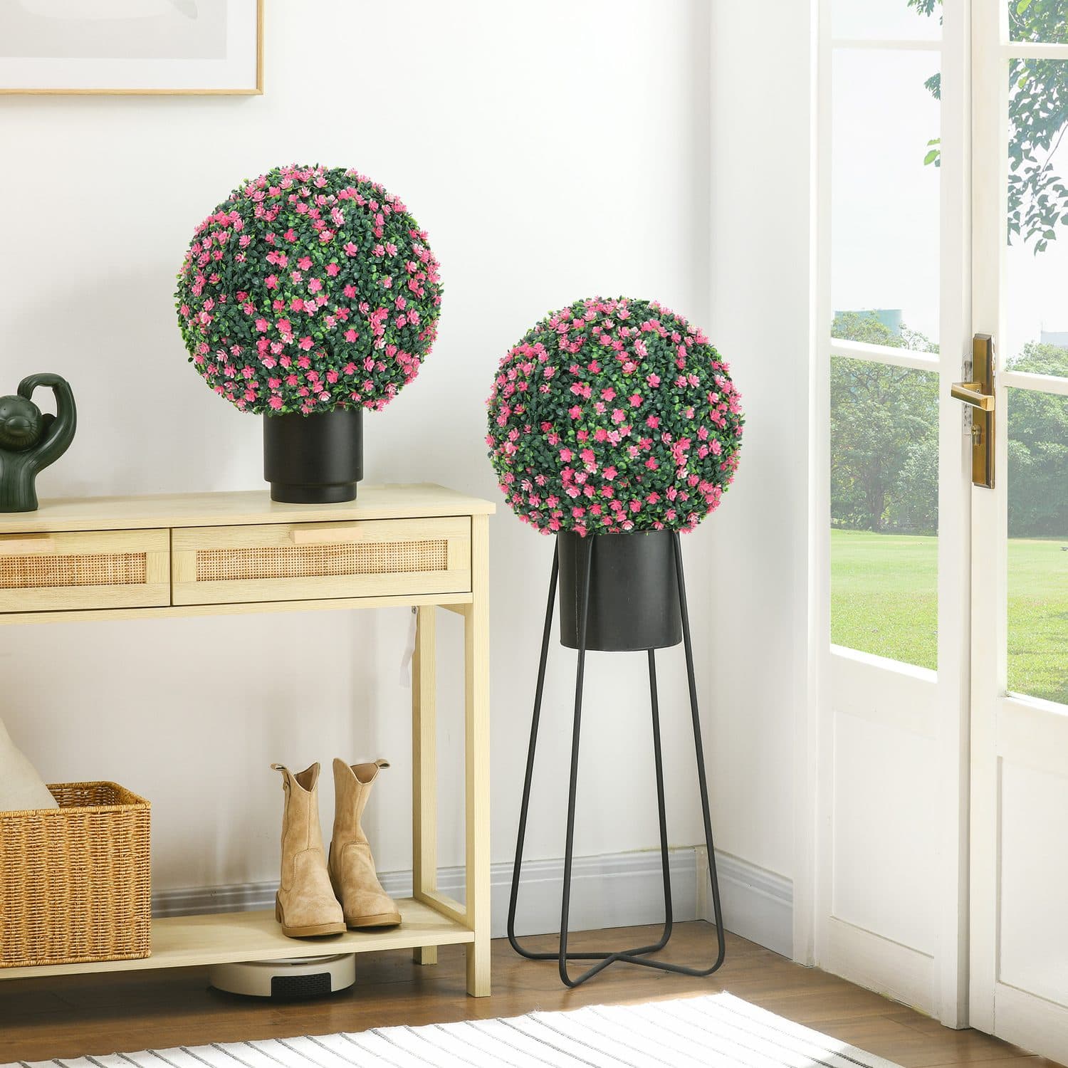 Artificial Boxwood Topiary Balls with Pink Flowers, Set of 2 - image 3