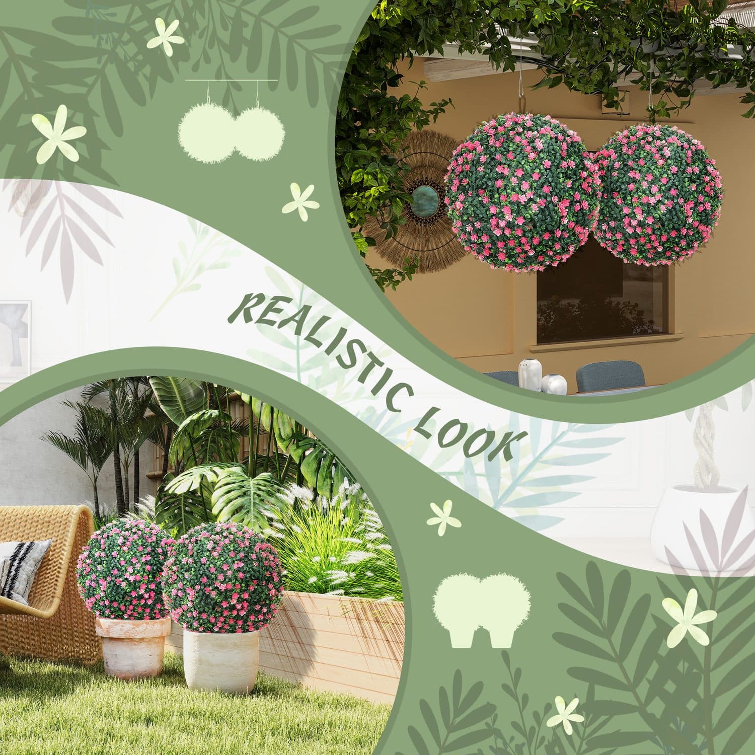 Artificial Boxwood Topiary Balls with Pink Flowers, Set of 2 - image 1