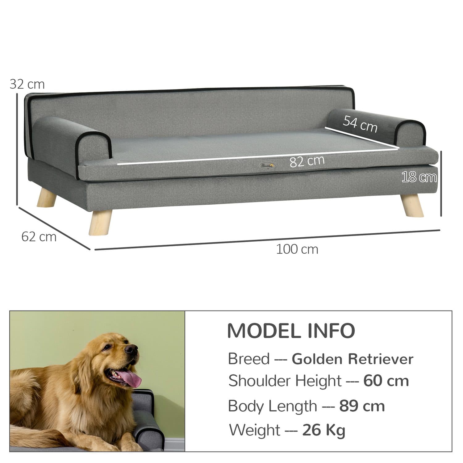Dog Sofa Bed for Medium and Large Dogs, Grey with Wood Legs - image 3