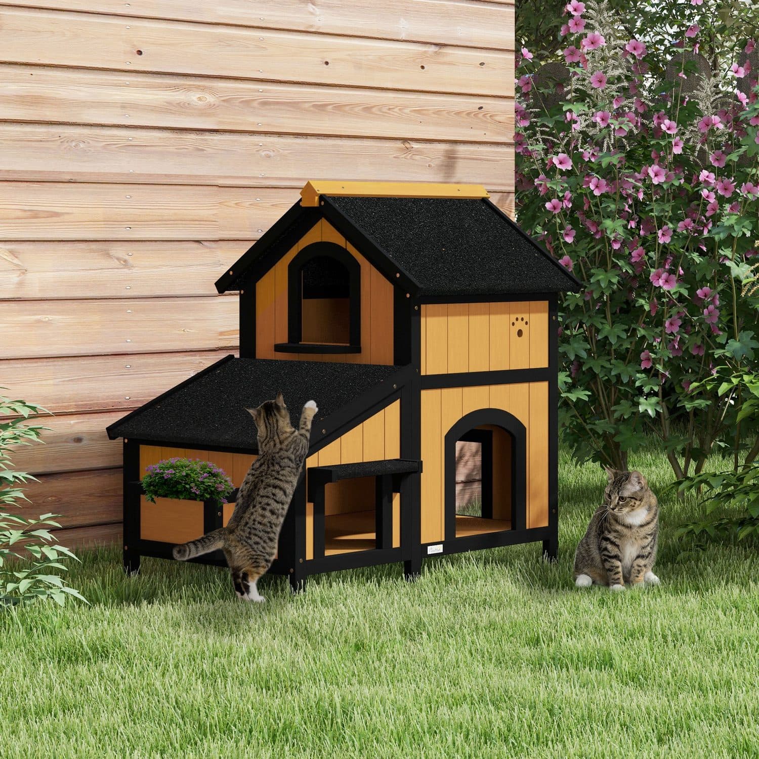 PawHut Wooden Outdoor Cat House With Multiple Entrances - image 3