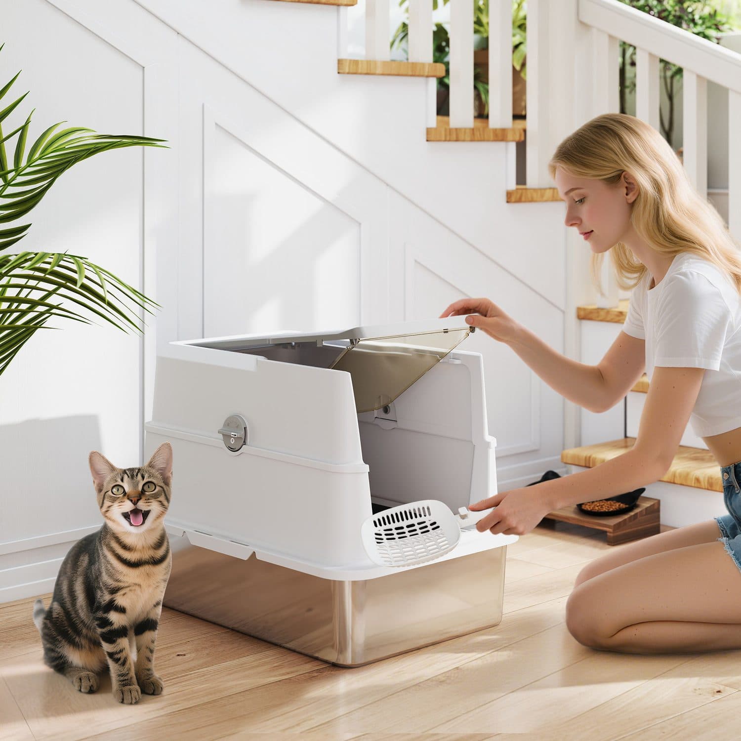 Enclosed Cat Litter Box With Stainless Steel Base and Front Door - image 2