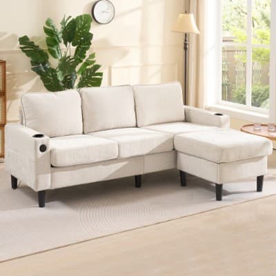 Beige L-Shaped Sofa with Built-In USB & Cup Holders - image 9
