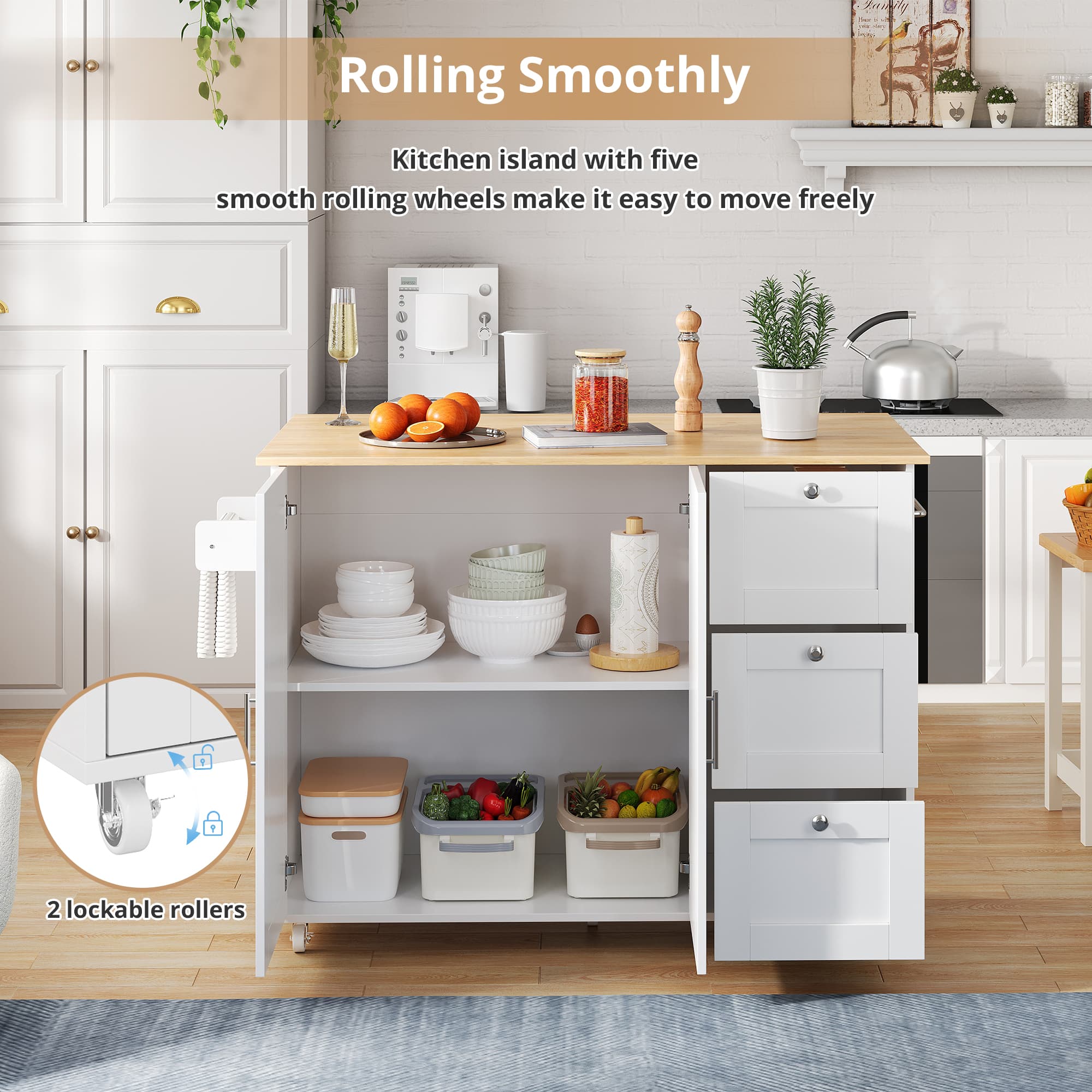 Kitchen Island on Wheels with Foldable Worktop - image 3