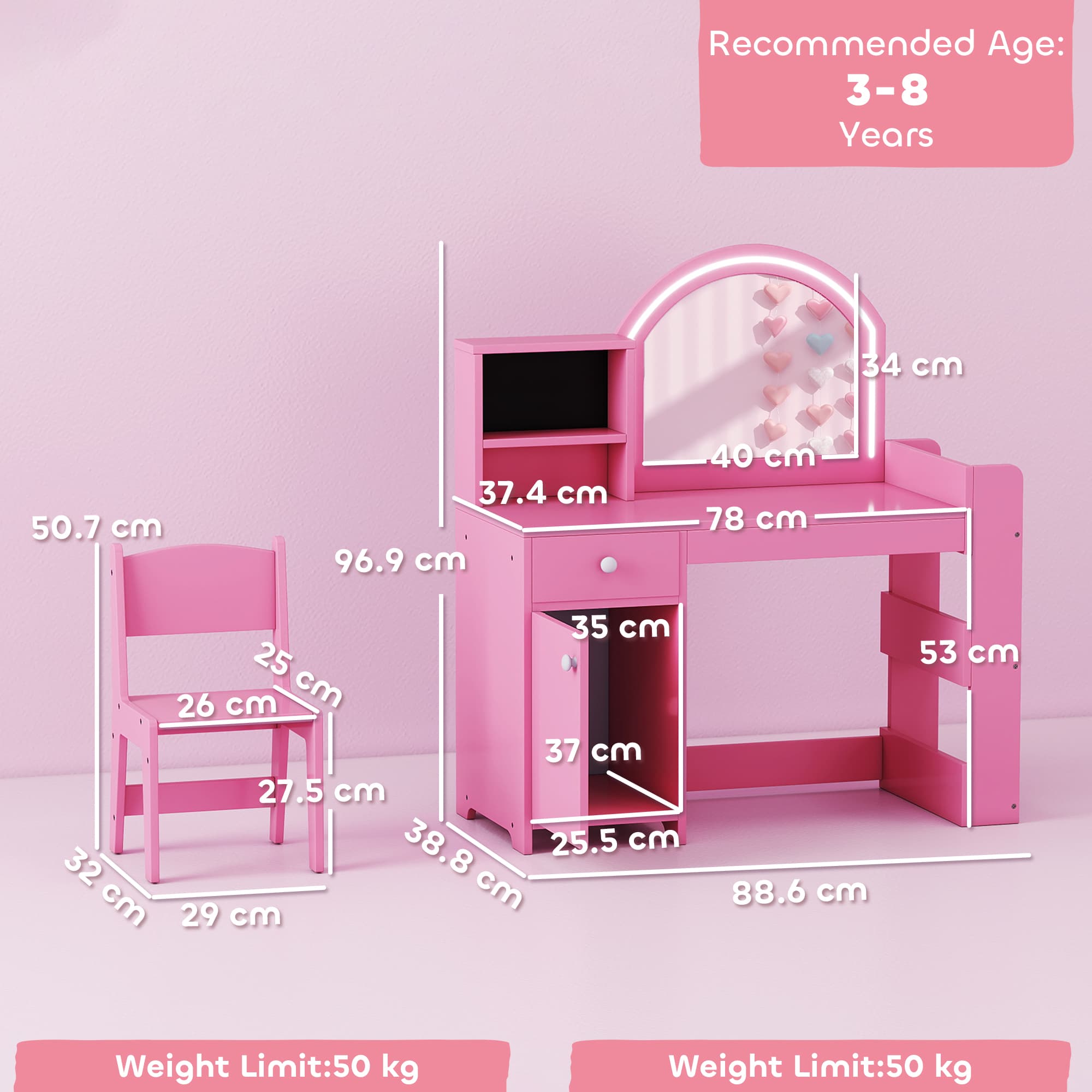 Girls Dressing Table Set with LED Mirror and Storage - image 2