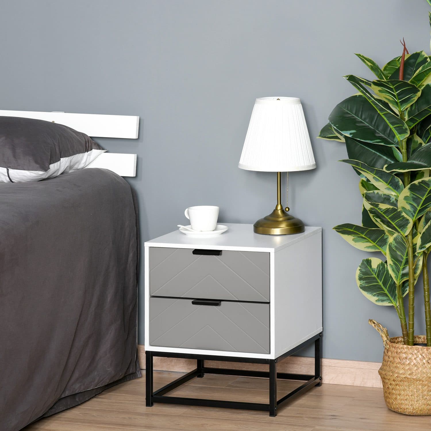 Two-Drawer Bedside Cabinet in Grey, White and Black Metal - image 3