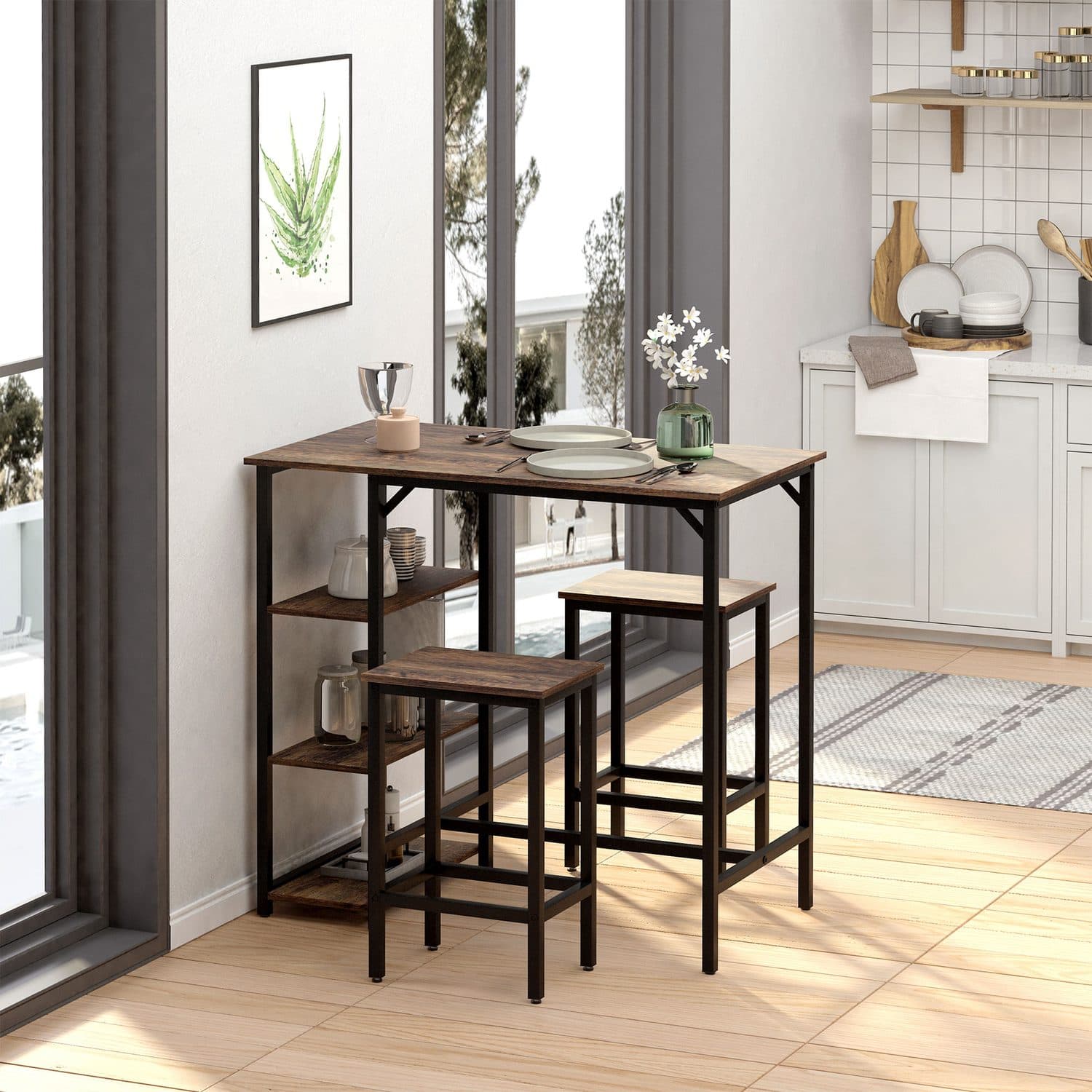 Space-Saving Industrial Bar Table Set with Two Stools - image 4