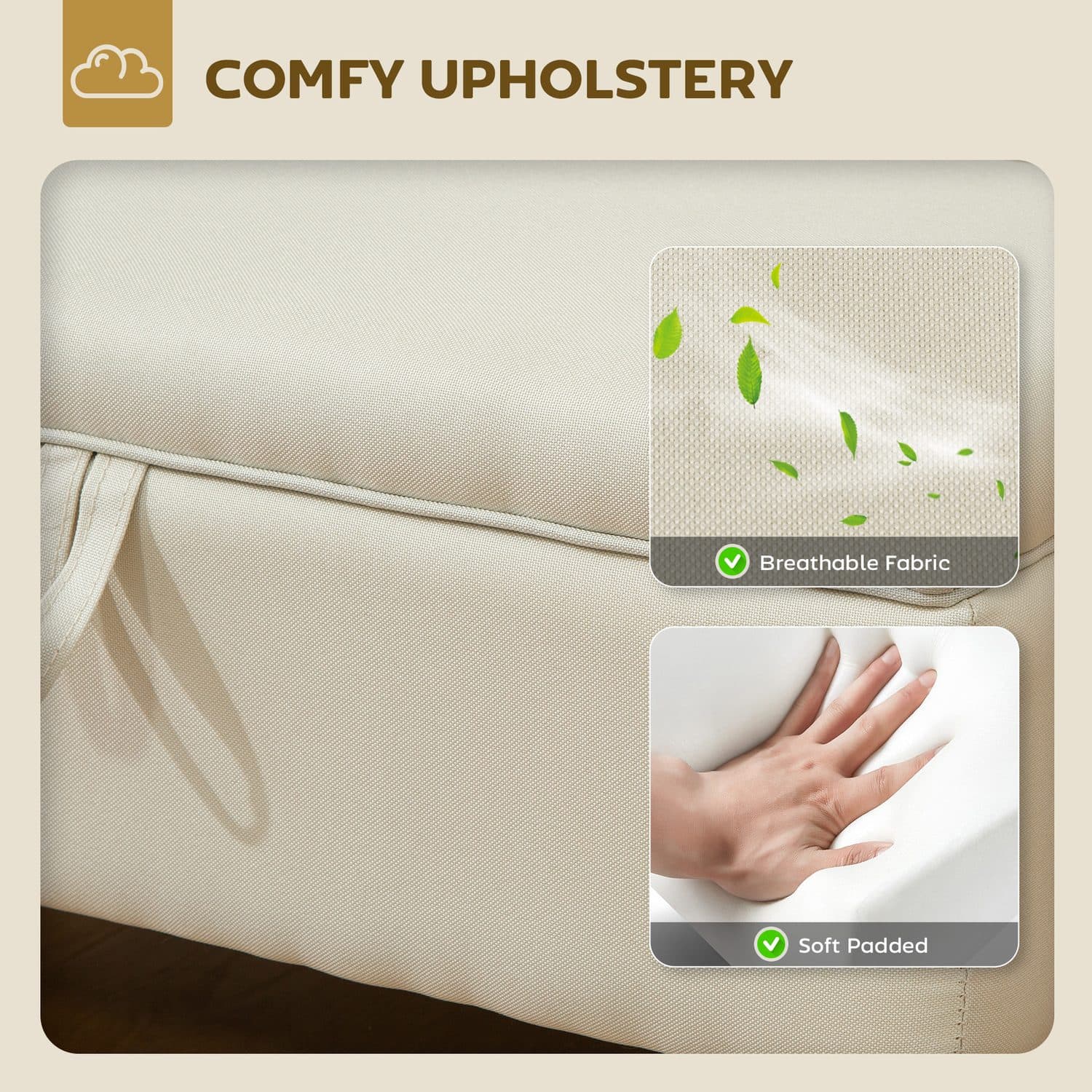 Padded Storage Ottoman Bench in Beige Linen with Wood Legs - image 2