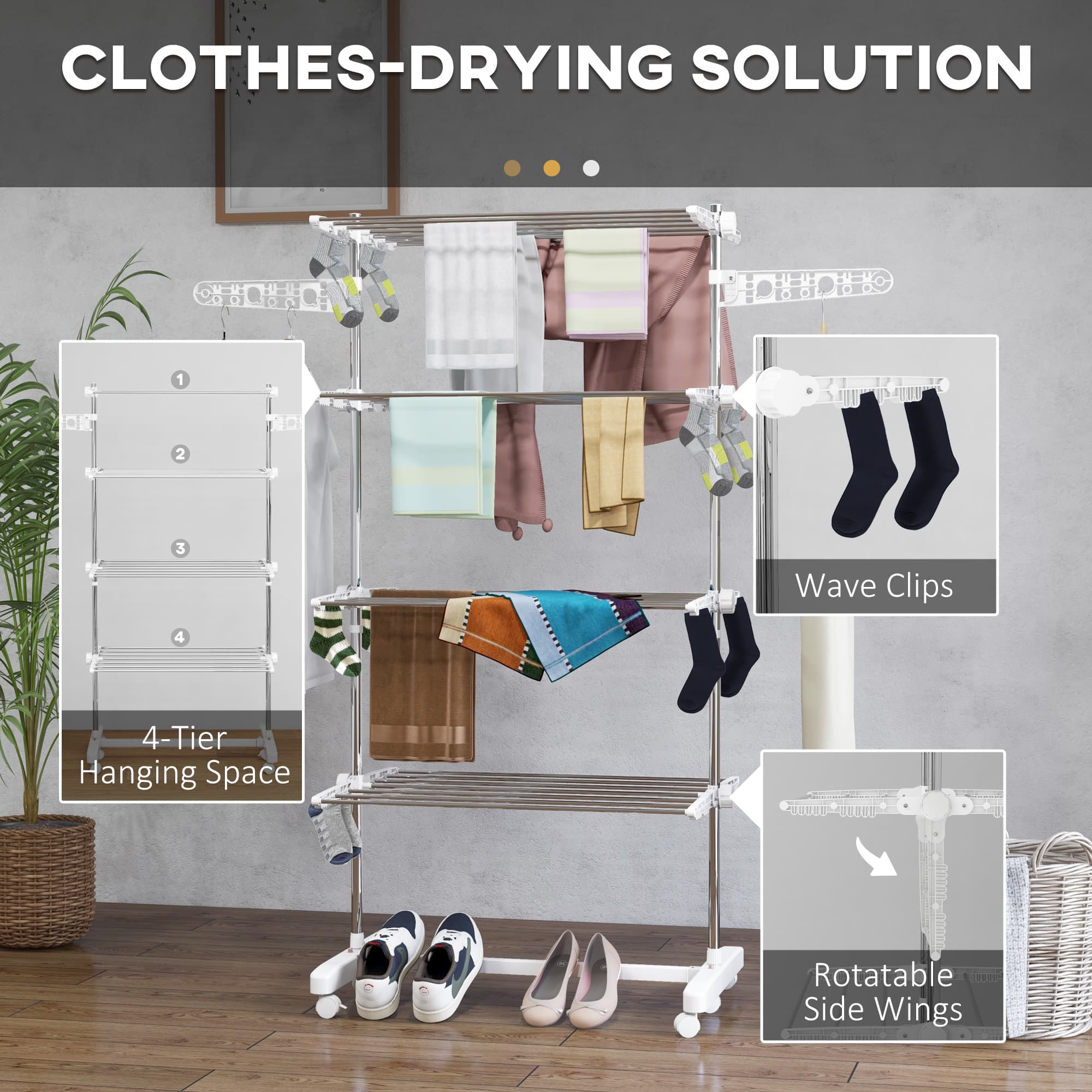Four-Tier Clothes Horse with Foldable Side Arms and Braked Wheels - image 3