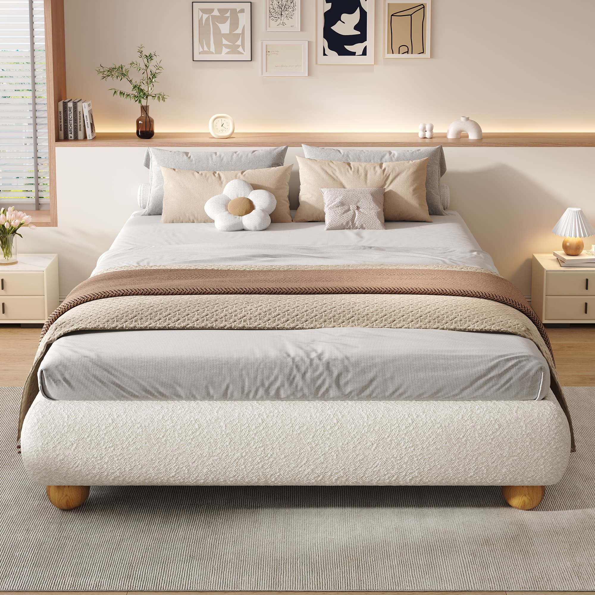 Beige Boucle Double Bed - image 5